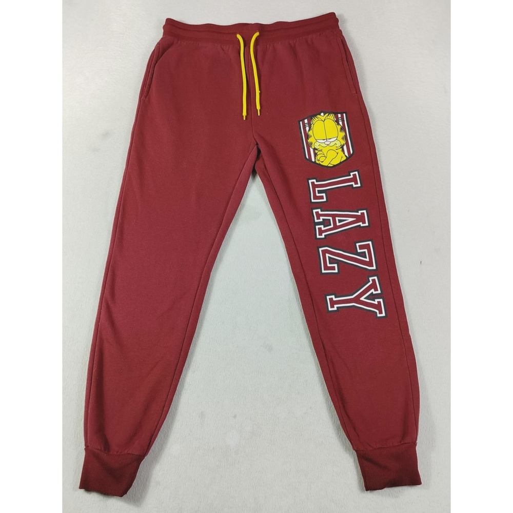 Garfield Jogger Pants Mens Large Red Lazy Graphic Fleece Sweatpants Loungewear